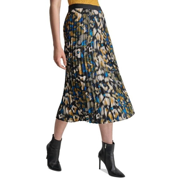 DKNY Women's Logo-Waistband Pleated Satin Midi Skirt Black Multi S - Picture 3 of 9